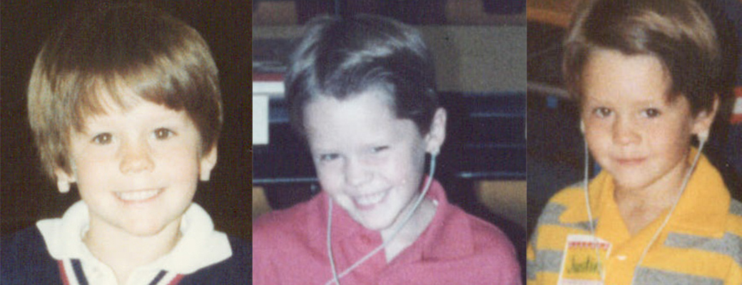 Three images of Justin Osmond wearing body hearing aids as a child